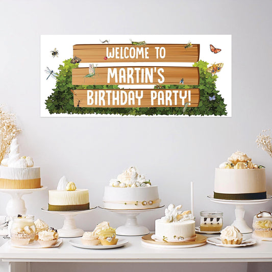 Garden Wildlife Birthday Banner – Personalised Satin Paper Wall Decor for Kids’ Parties
