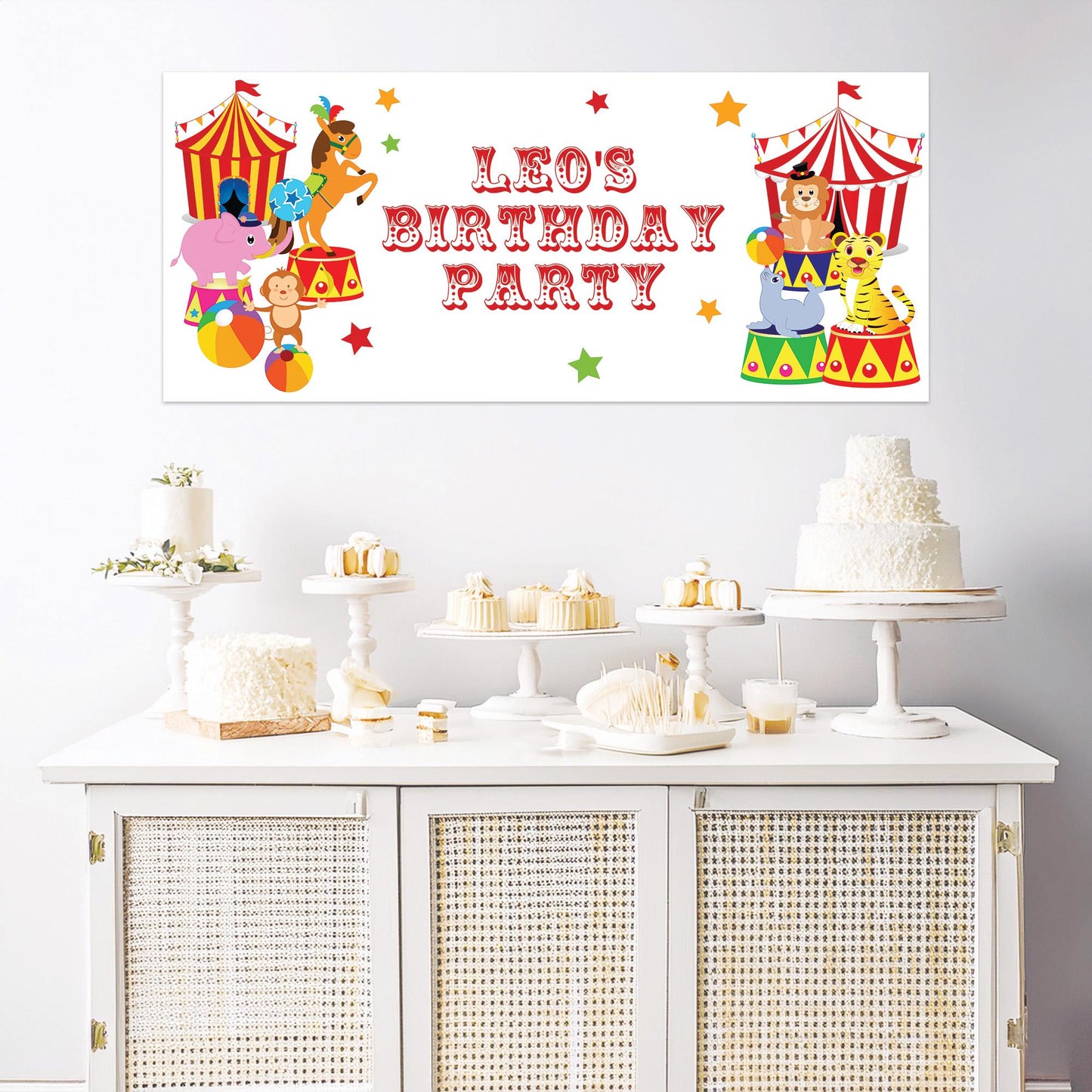 Personalised Circus Birthday Banner – Fun Party Wall Decor in Satin Paper