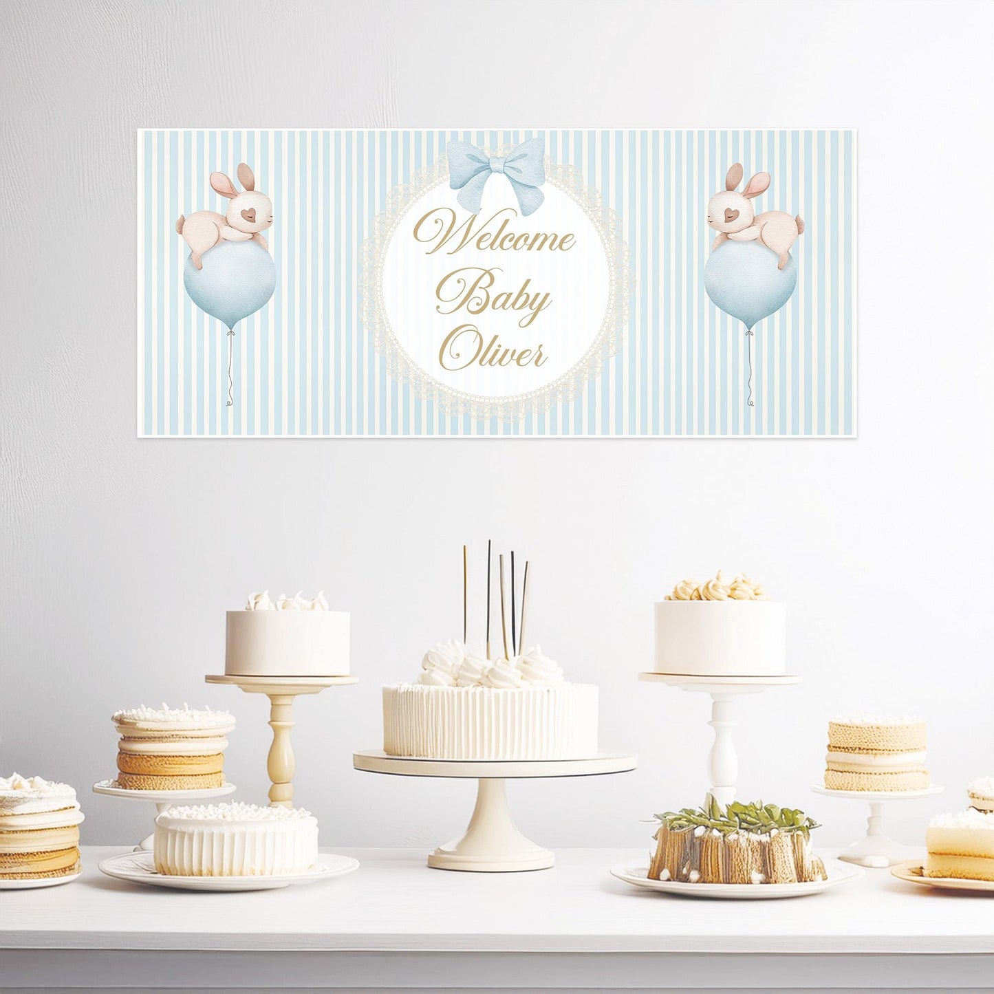 Welcome Baby Boy Personalised Banner in Pastel Blue – Custom Baby Shower Wall Decor in Satin Paper