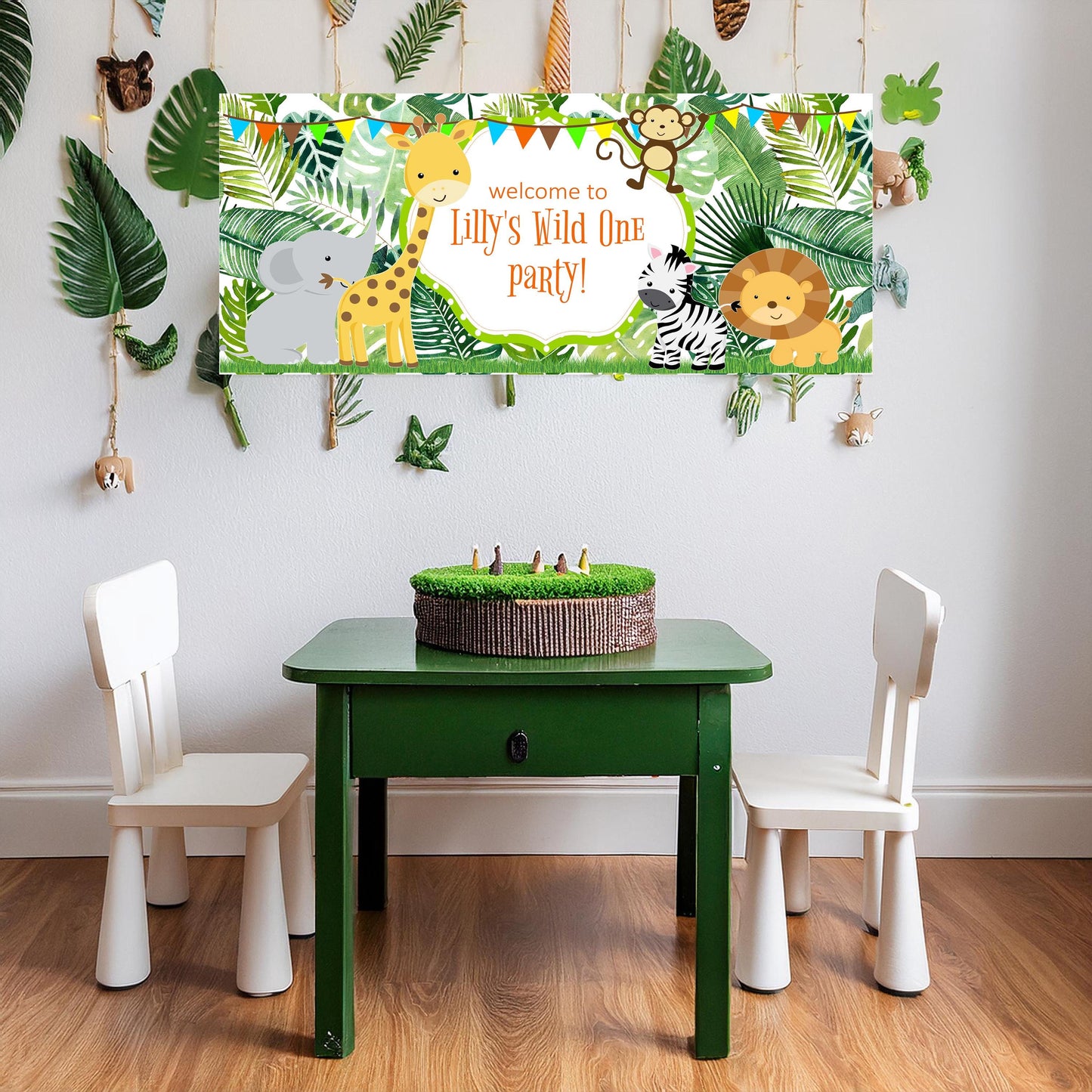 Jungle Safari Birthday Banner, Birthday Party Wall decor in satin paper