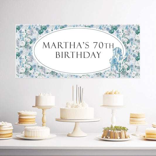 Personalised Blue Floral Birthday Banner – Elegant Party Wall Decor in Satin Paper