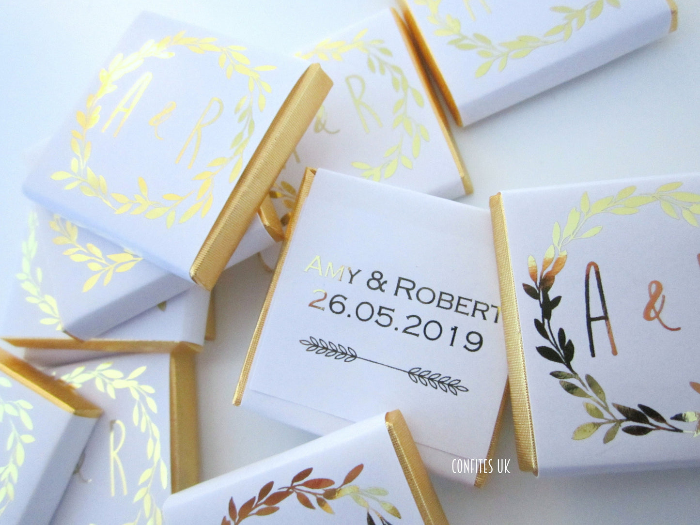 Personalized Wedding Chocolate Favours – Golden Wreath Design, White & Gold Wedding Favours (Pack of 25)
