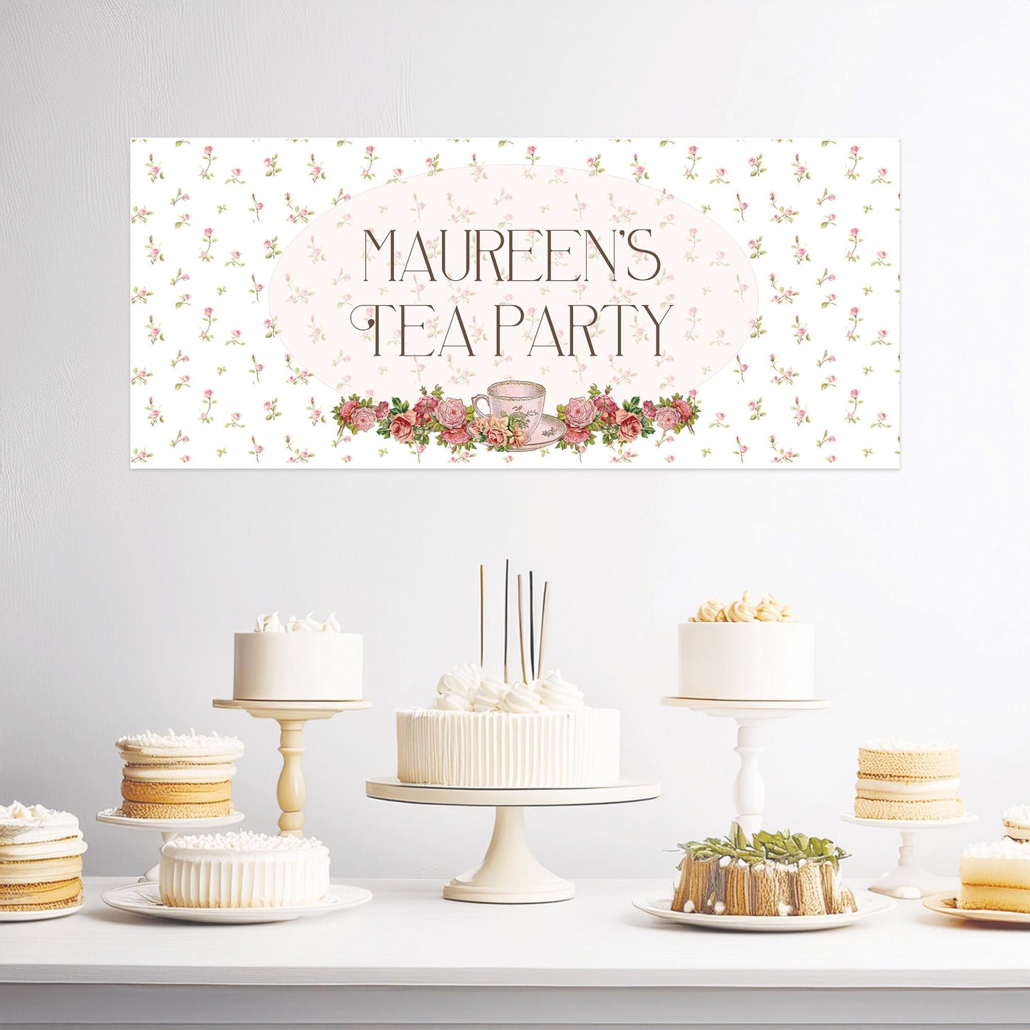 Personalised Tea Party Banner – Birthday Party Wall Decor in Satin Paper, Perfect for Any Occasion