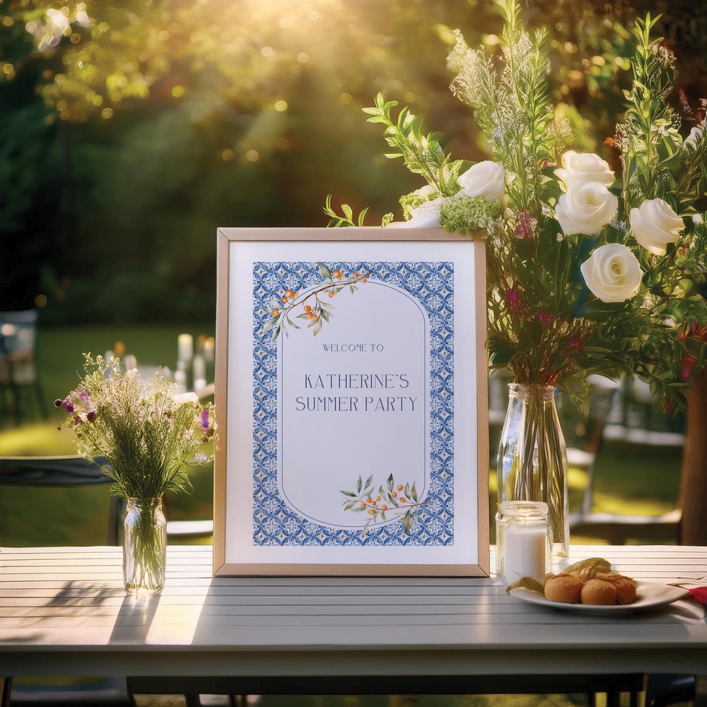 Custom Birthday Sign with Oranges and Blue Tiles – Personalised Printed Table Centrepiece, Unframed in Various Sizes