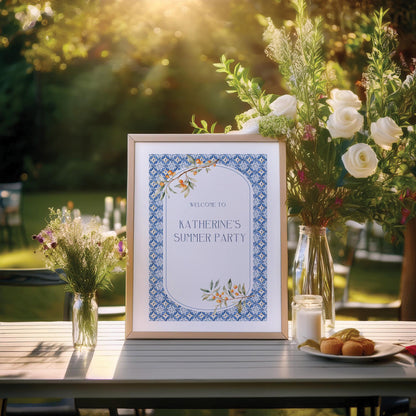 Custom Birthday Sign with Oranges and Blue Tiles – Personalised Printed Table Centrepiece, Unframed in Various Sizes