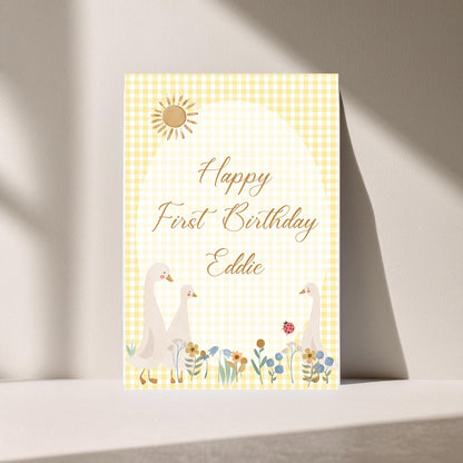 Personalised Cute Geese 1st Birthday Welcome Sign – Custom Printed Party Decoration, Unframed in Multiple Sizes