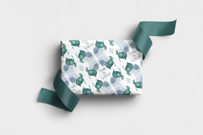 Personalised hydrangea wrapping paper with blue flowers and custom names