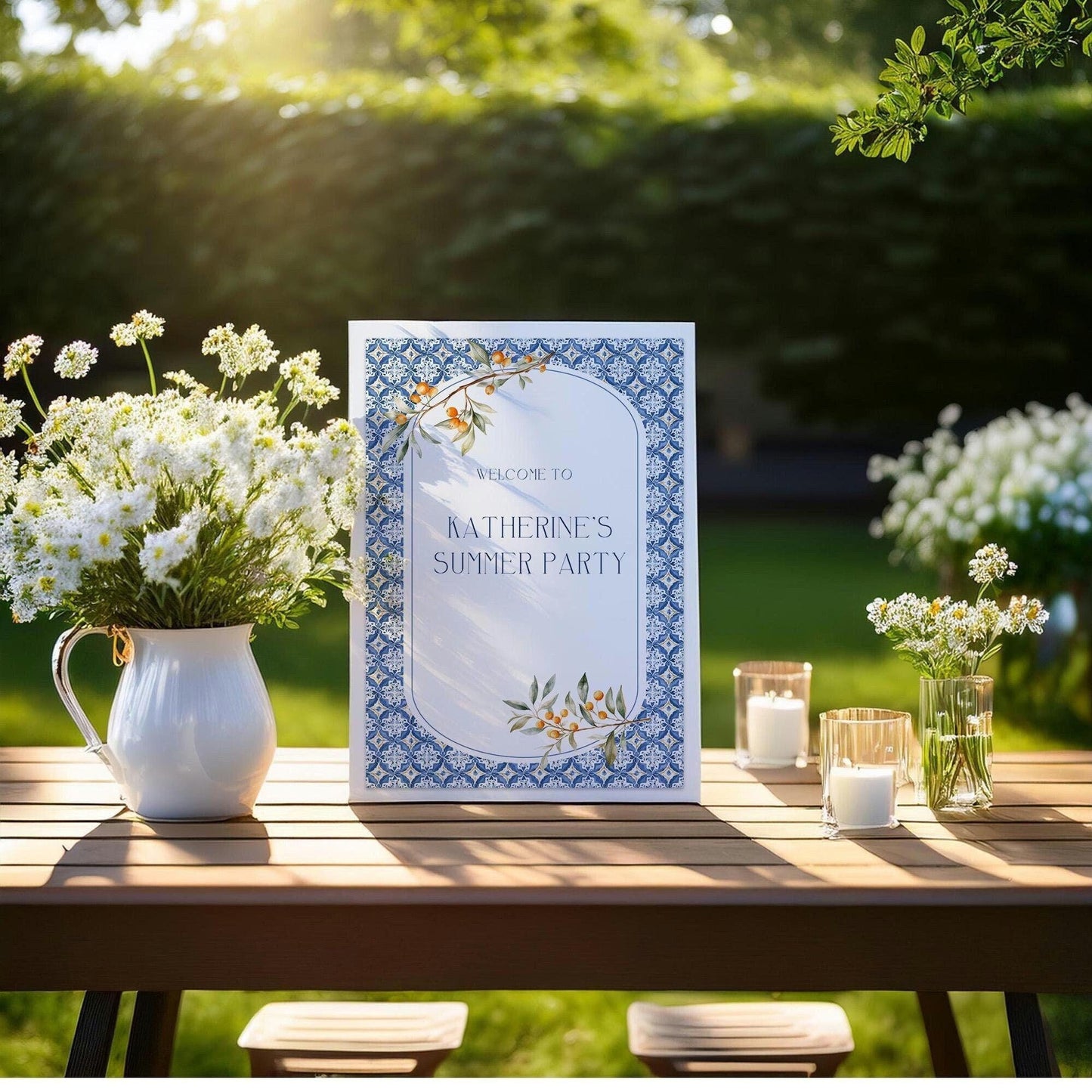 Custom Birthday Sign with Oranges and Blue Tiles – Personalised Printed Table Centrepiece, Unframed in Various Sizes