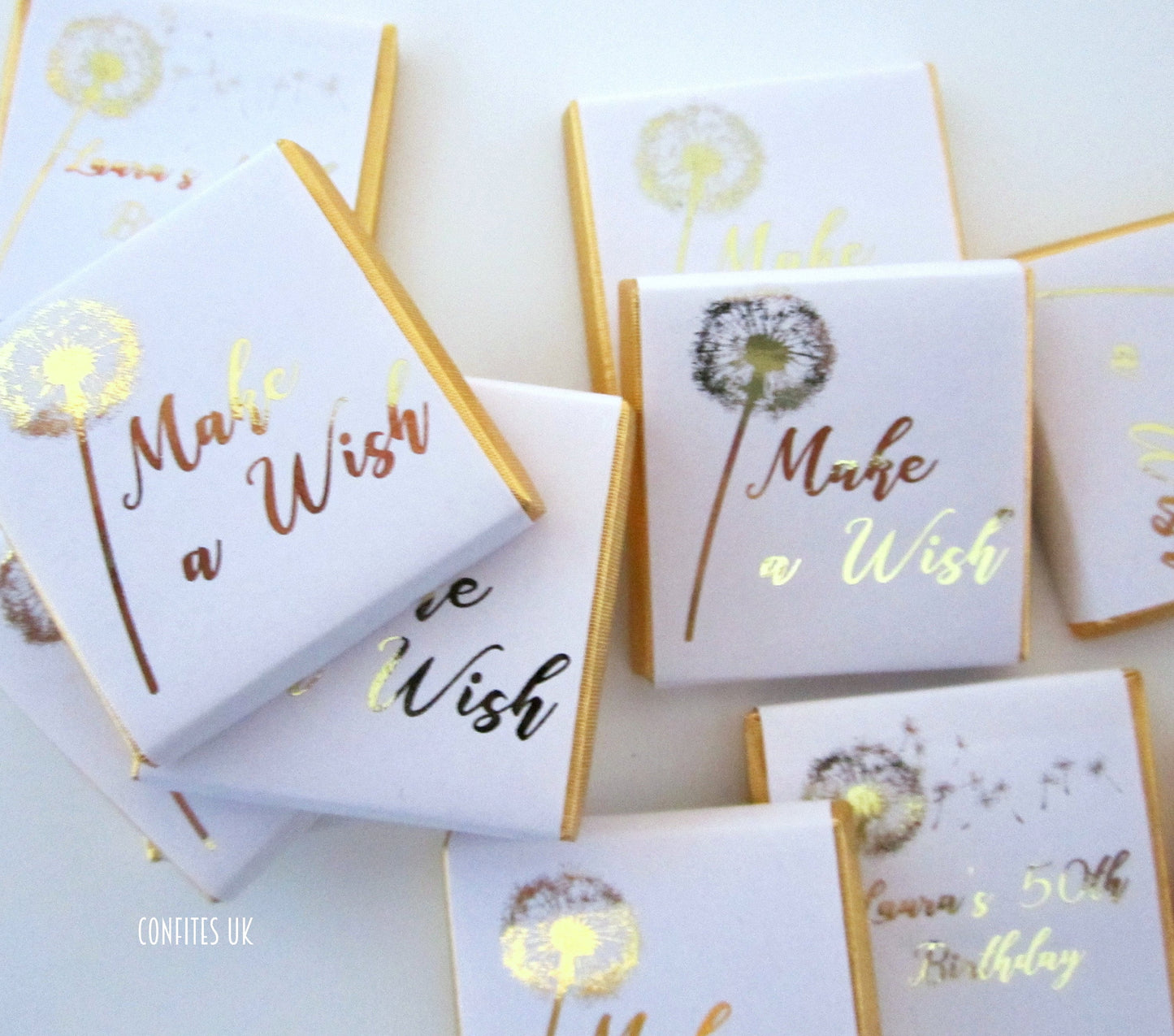 Make A Wish Dandelion Personalized Chocolate Favours – White and Gold Birthday Chocolates (25 pcs)