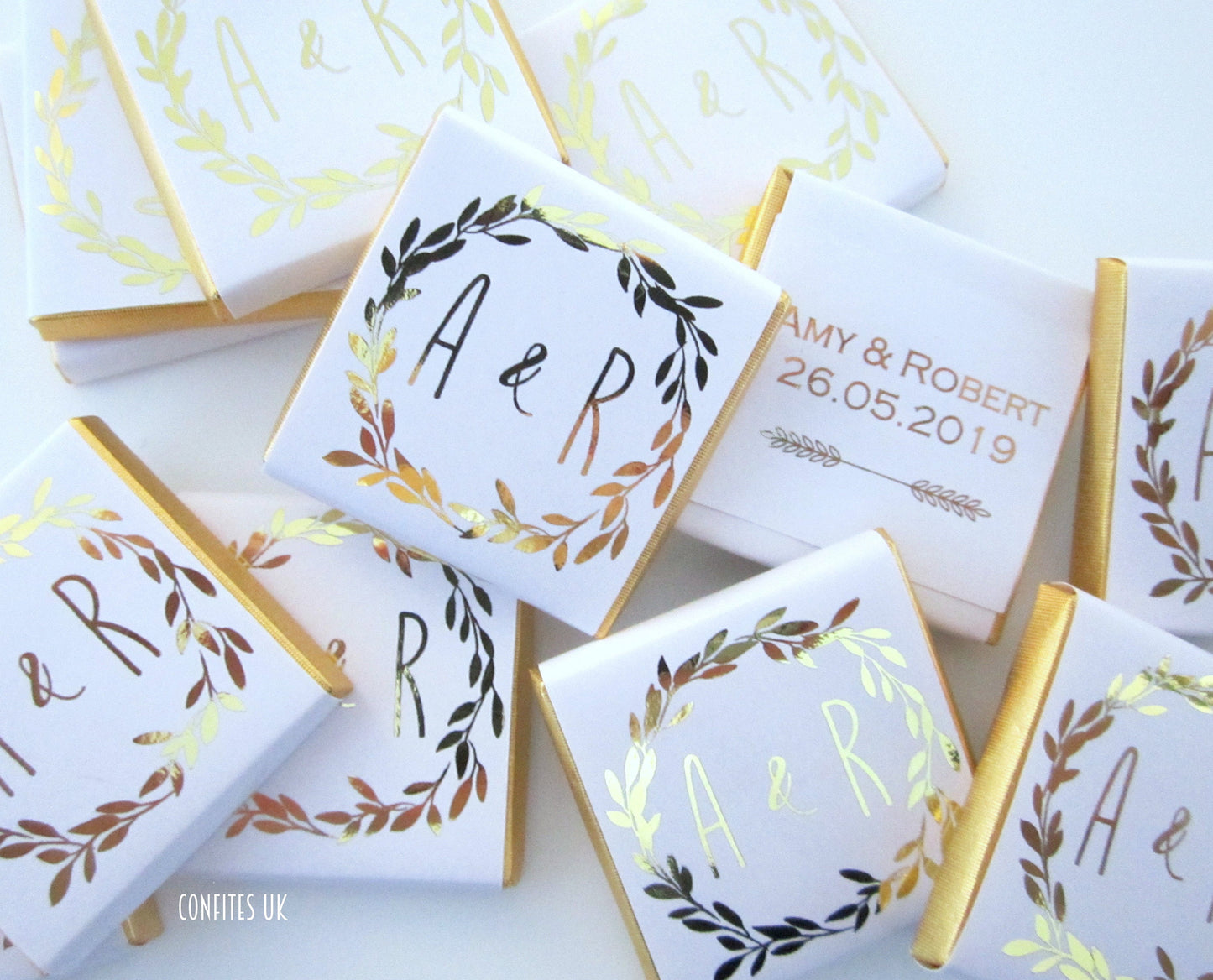 Personalized Wedding Chocolate Favours – Golden Wreath Design, White & Gold Wedding Favours (Pack of 25)