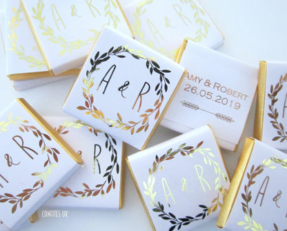 Personalized Wedding Chocolate Favours – Golden Wreath Design, White & Gold Wedding Favours (Pack of 25)