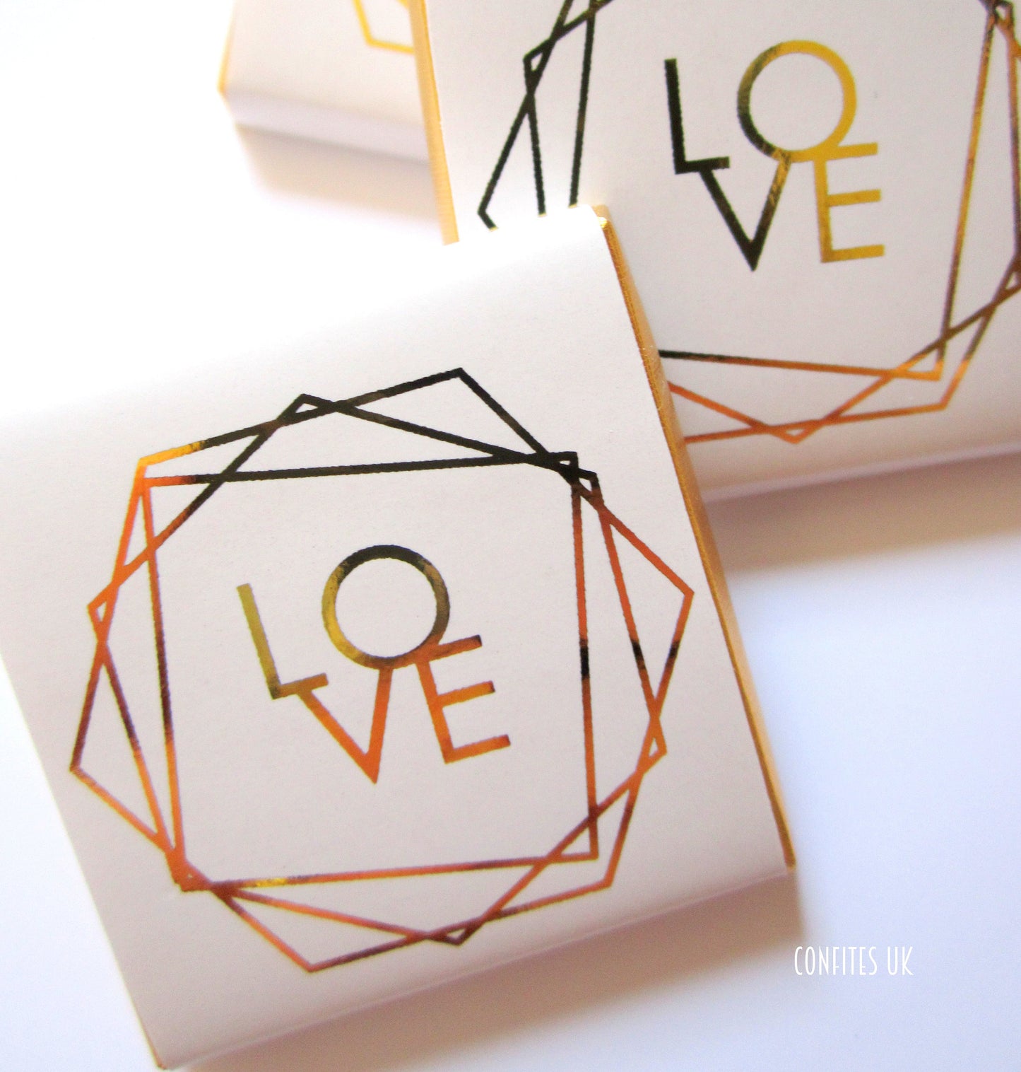 Wedding Love Personalized Chocolate Favours – Elegant White & Gold Geometric Design (Set of 25)