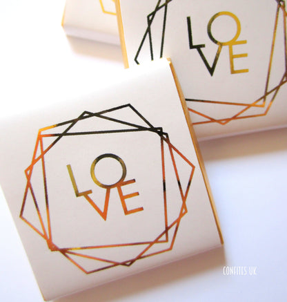 Wedding Love Personalized Chocolate Favours – Elegant White & Gold Geometric Design (Set of 25)