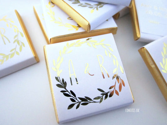Personalized Wedding Chocolate Favours – Golden Wreath Design, White & Gold Wedding Favours (Pack of 25)