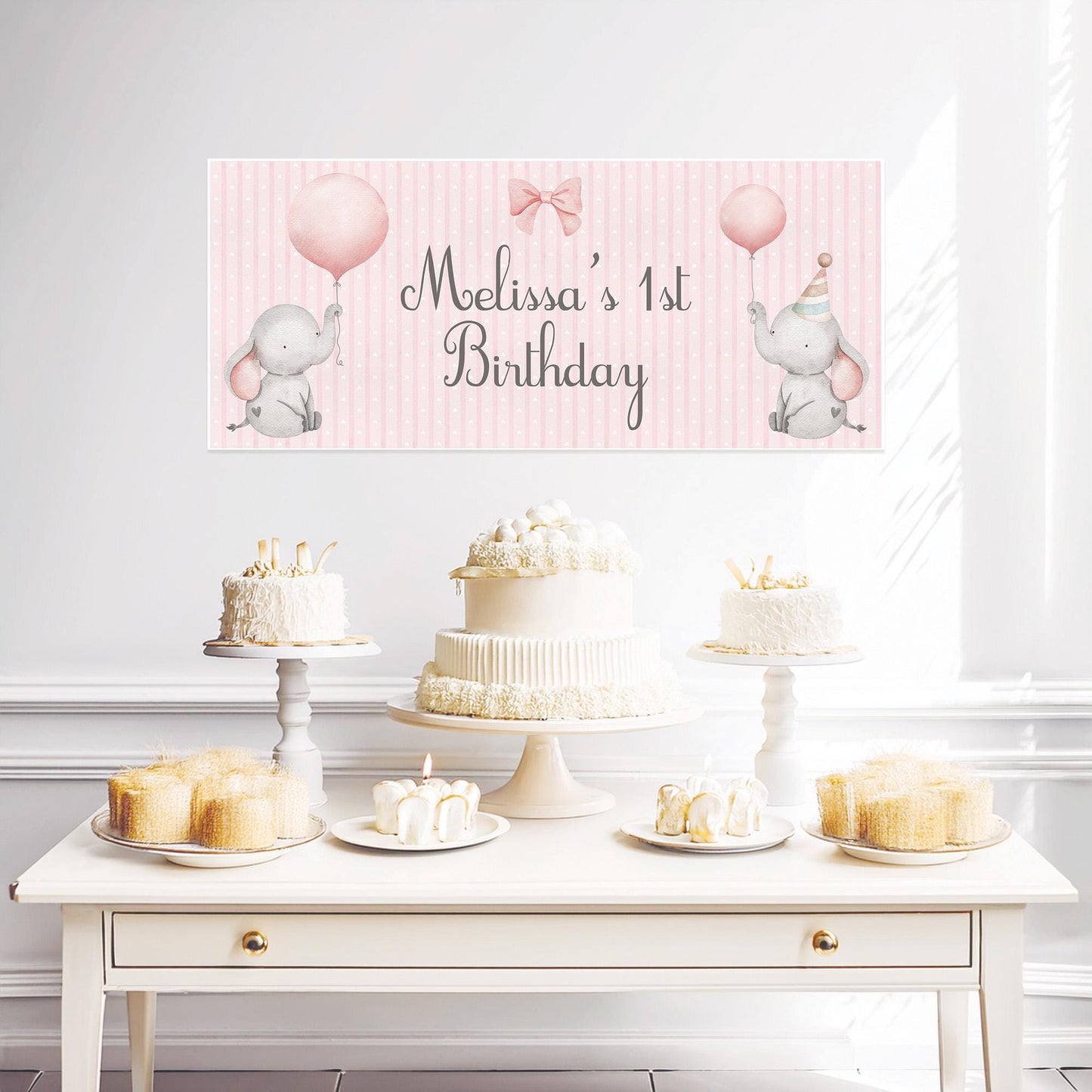 Personalised 1st Birthday Banner Baby Elephant – Satin Paper Wall Decor for Girl's Birthday Party