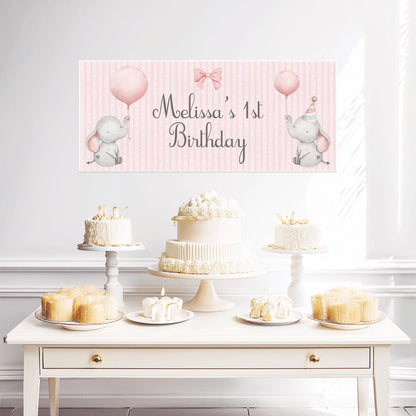 Personalised 1st Birthday Banner Baby Elephant – Satin Paper Wall Decor for Girl's Birthday Party
