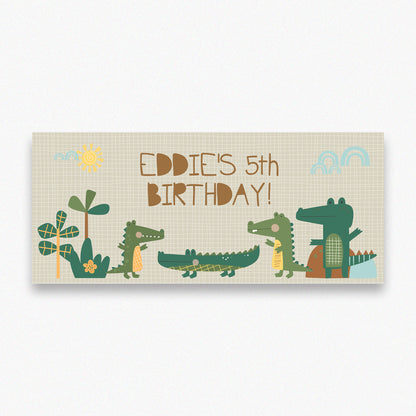 Personalised Alligator Birthday Banner – Custom Satin Paper Wall Decor for Jungle-Themed Parties