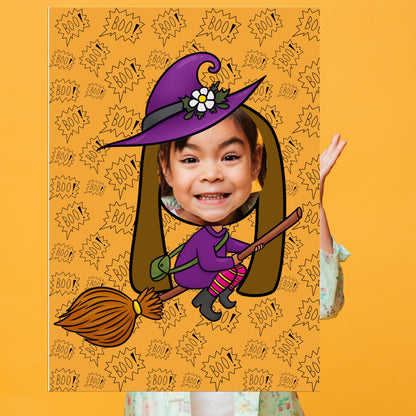 Person wearing a witch costume with a broom and hat on an orange background with Halloween text.