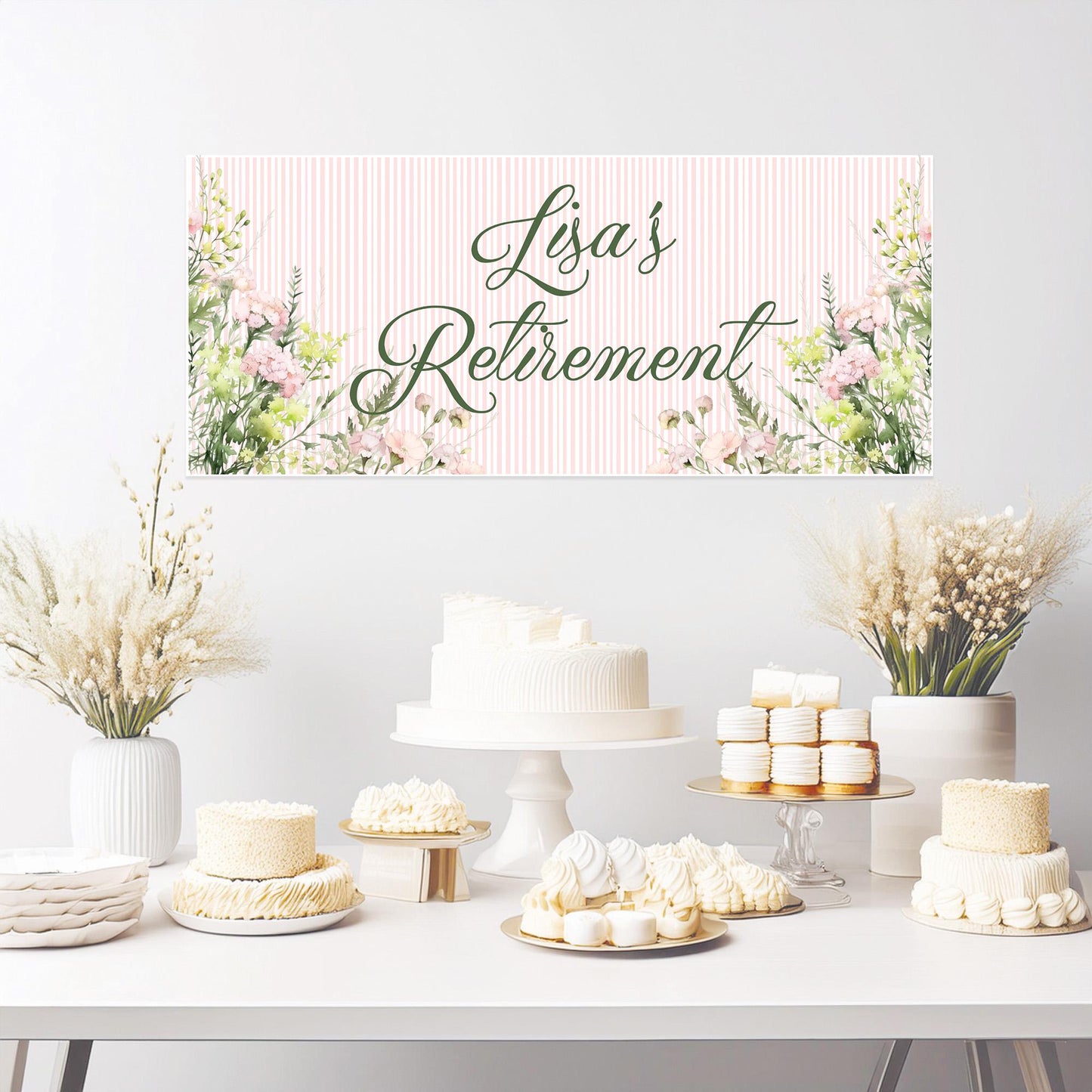 Floral Retirement Party Banner – Personalised Satin Paper Wall Decor