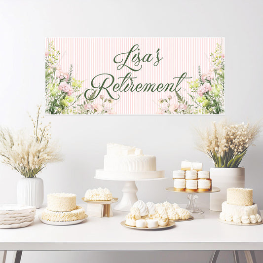 Floral Retirement Party Banner – Personalised Satin Paper Wall Decor