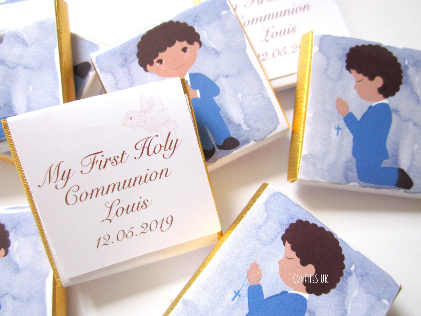 Custom 1st Communion Chocolate Favours for Young Boys – Curly Hair Party Treats (Pack of 25)
