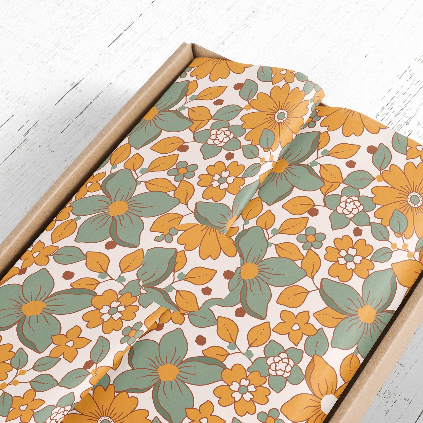 70s Florals Gift Paper Sheet – Green and Orange, Large Size, Retro Floral Wrapping