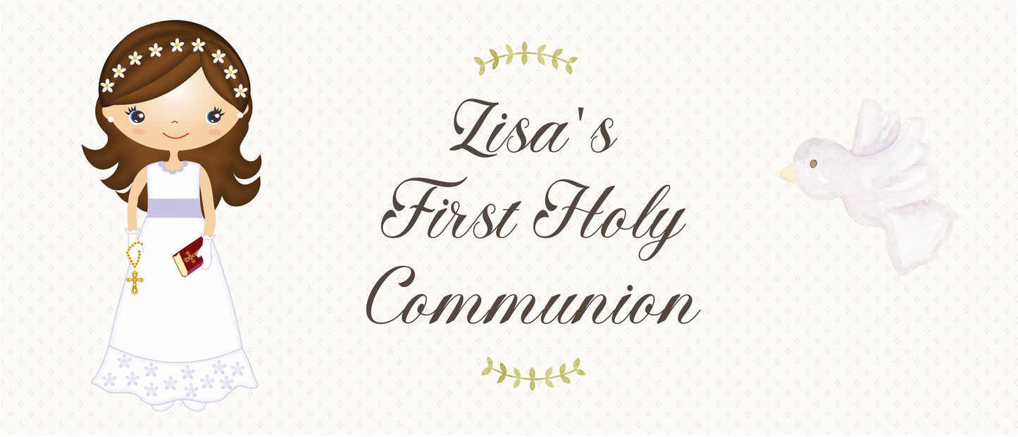 Personalized 1st Communion Banner for Girls in White Dress – Satin Paper Wall Party Decor