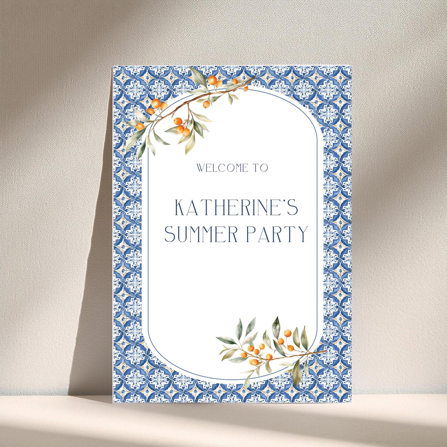Custom Birthday Sign with Oranges and Blue Tiles – Personalised Printed Table Centrepiece, Unframed in Various Sizes