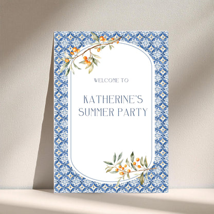 Custom Birthday Sign with Oranges and Blue Tiles – Personalised Printed Table Centrepiece, Unframed in Various Sizes