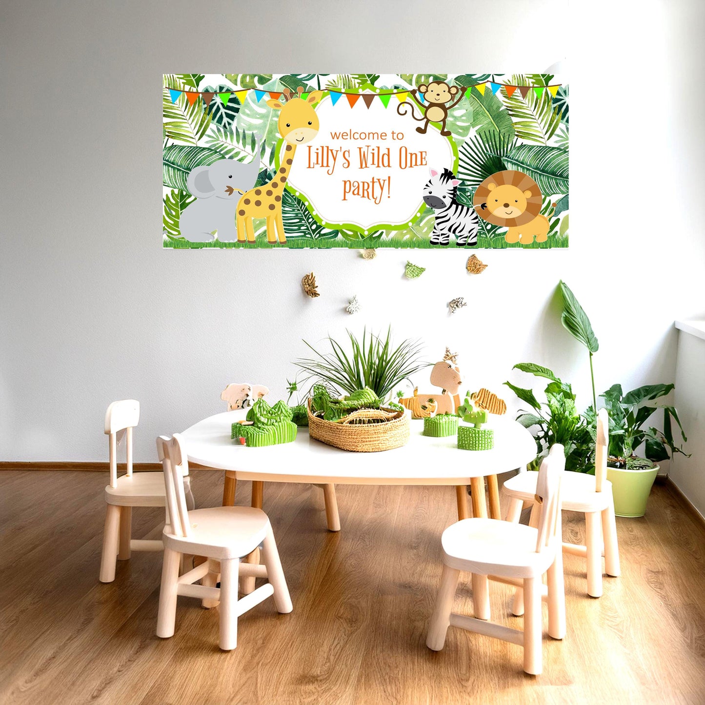 Jungle Safari Birthday Banner, Birthday Party Wall decor in satin paper