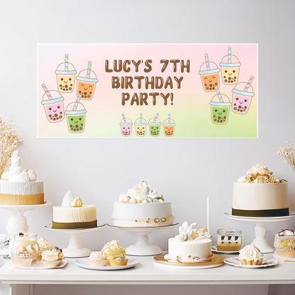Personalised Bubble Tea Party Banner – Satin Paper Wall Decor for Bubble Tea Themed Birthdays