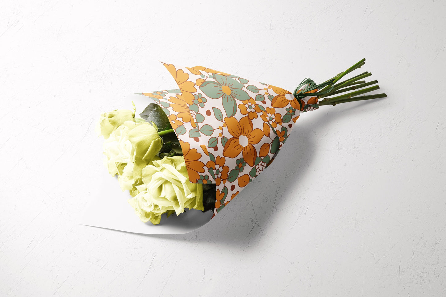 70s Florals Gift Paper Sheet – Green and Orange, Large Size, Retro Floral Wrapping