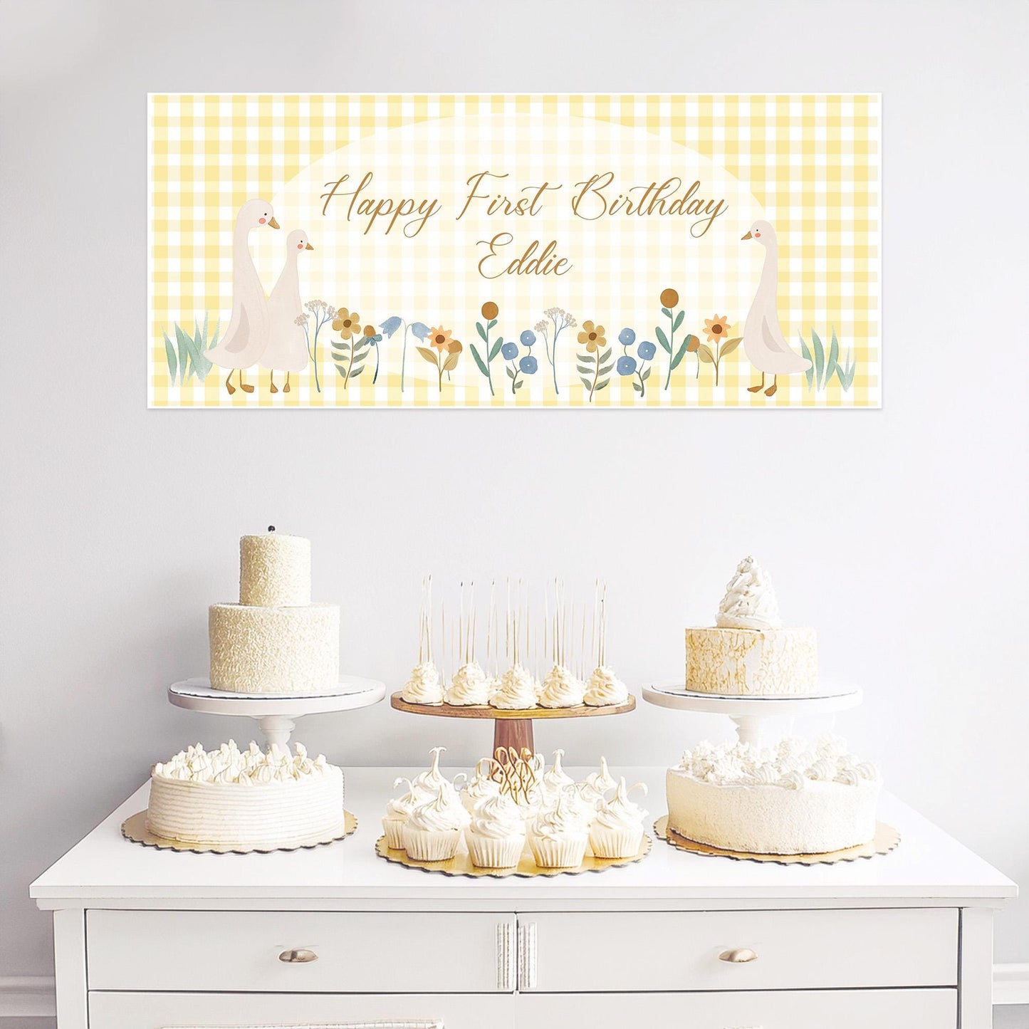 Personalised First Birthday Banner – Goose Family Baby Party Wall Decor in Satin Paper