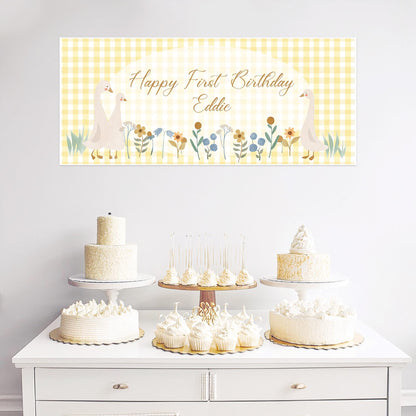 Personalised First Birthday Banner – Goose Family Baby Party Wall Decor in Satin Paper
