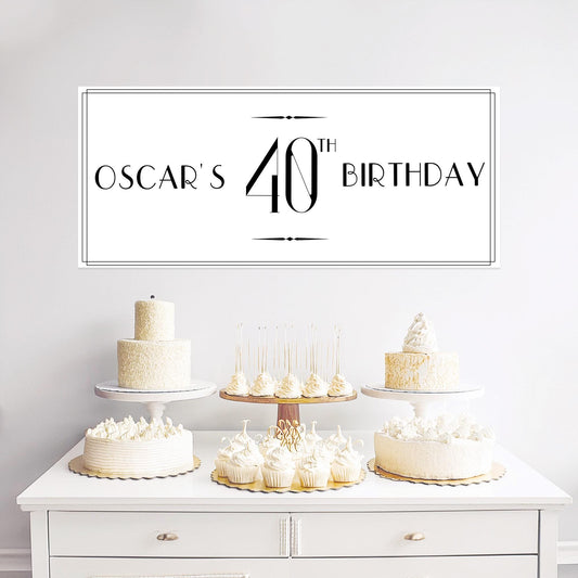 Personalised Black and White Birthday Banner – Elegant Party Wall Decor in Satin Paper