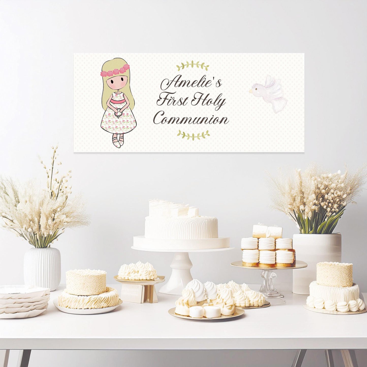 Personalised 1st Communion Banner for Girls with Long Hair – Satin Paper Wall Party Decor