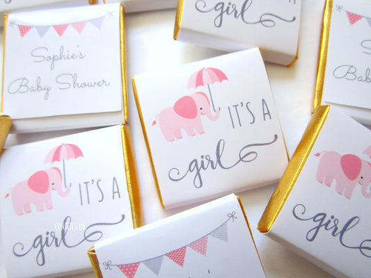 Personalized It's a Girl Chocolate Favours – Cute Elephant Baby Shower Party Favours (Pack of 25)