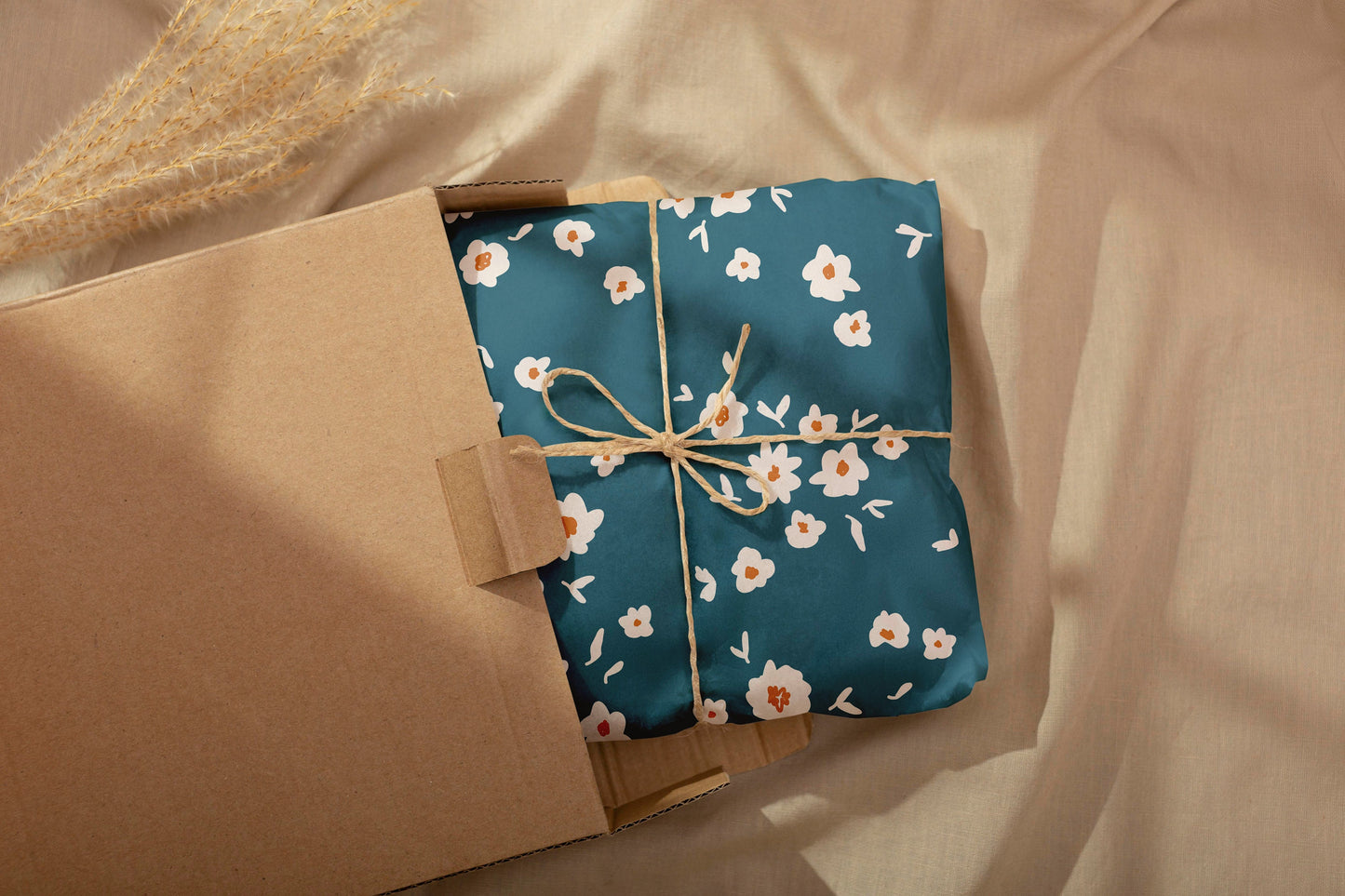 Blue Gift Wrapping Paper with White Hand-Drawn Flowers – Large Sheet