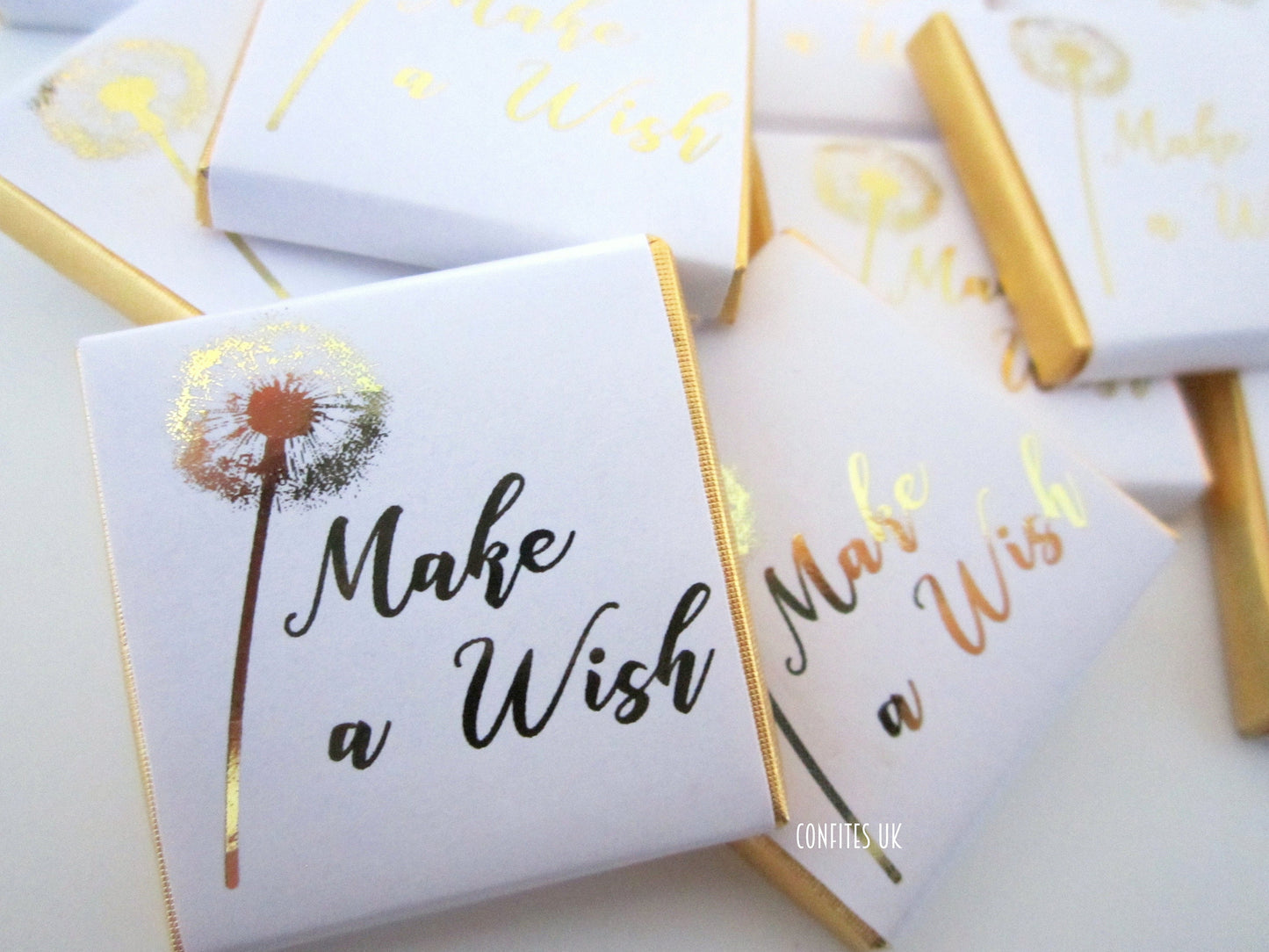 Make A Wish Dandelion Personalized Chocolate Favours – White and Gold Birthday Chocolates (25 pcs)