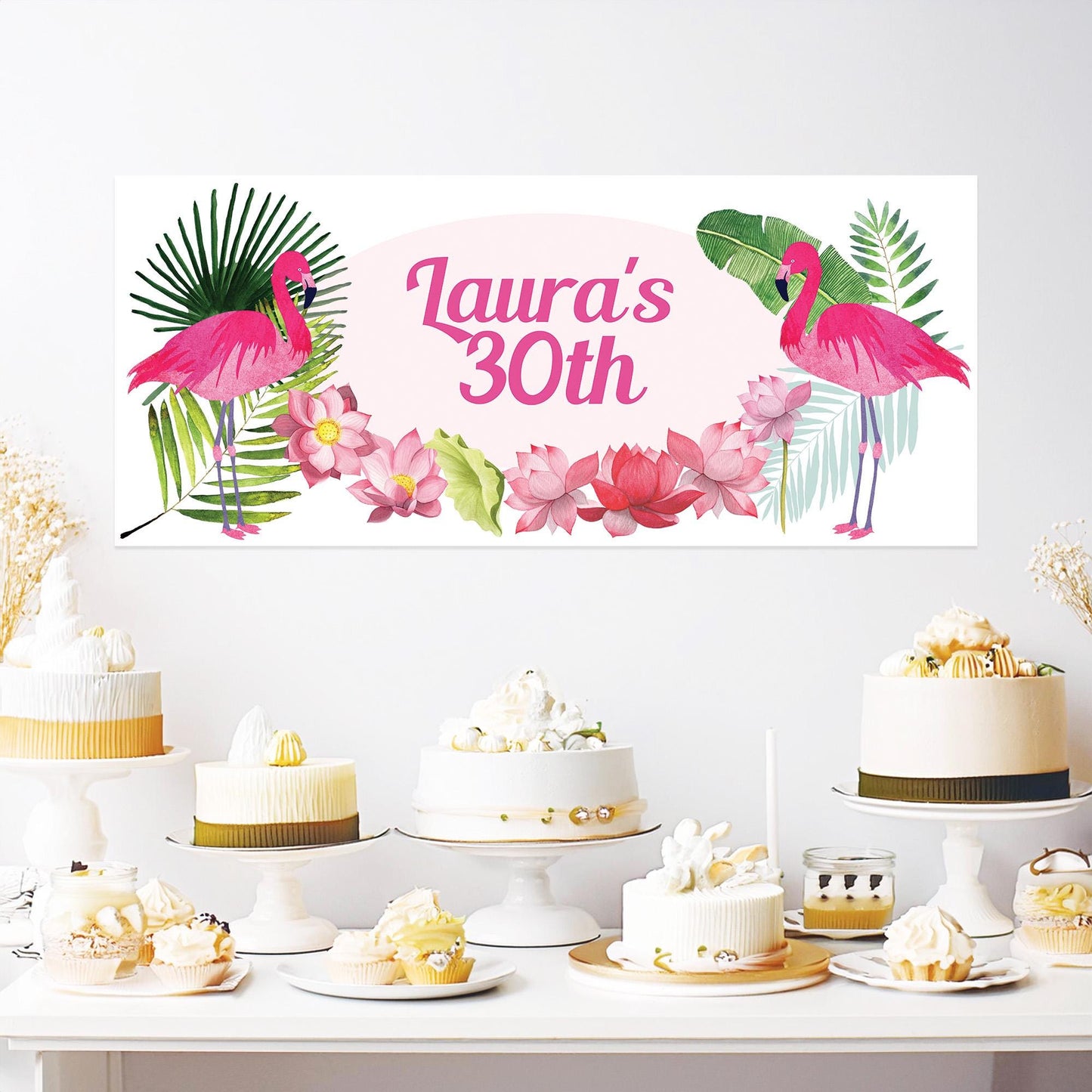 Personalised Pink Flamingo Party Banner – Tropical Birthday Wall Decor in Satin Paper