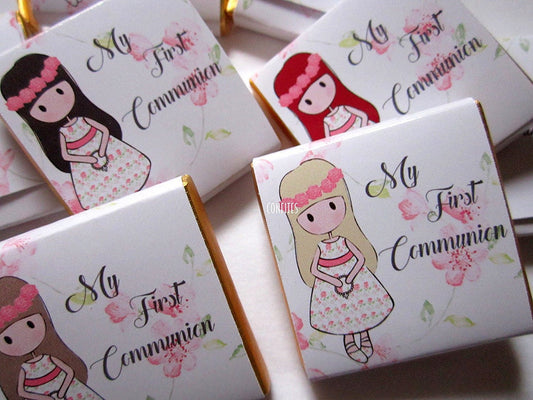 1st Communion Girls Personalised Chocolate favours, Pink Roses, guests favours, pack of 25