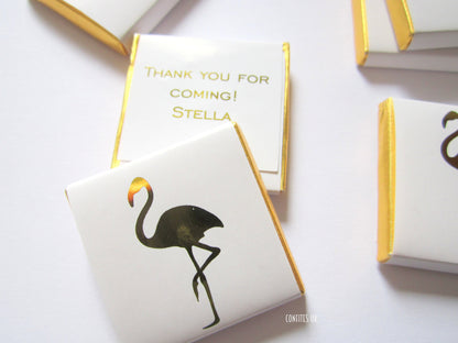 Personalized Golden Flamingo Chocolate Favours – White & Gold Guest Favours (Pack of 25)