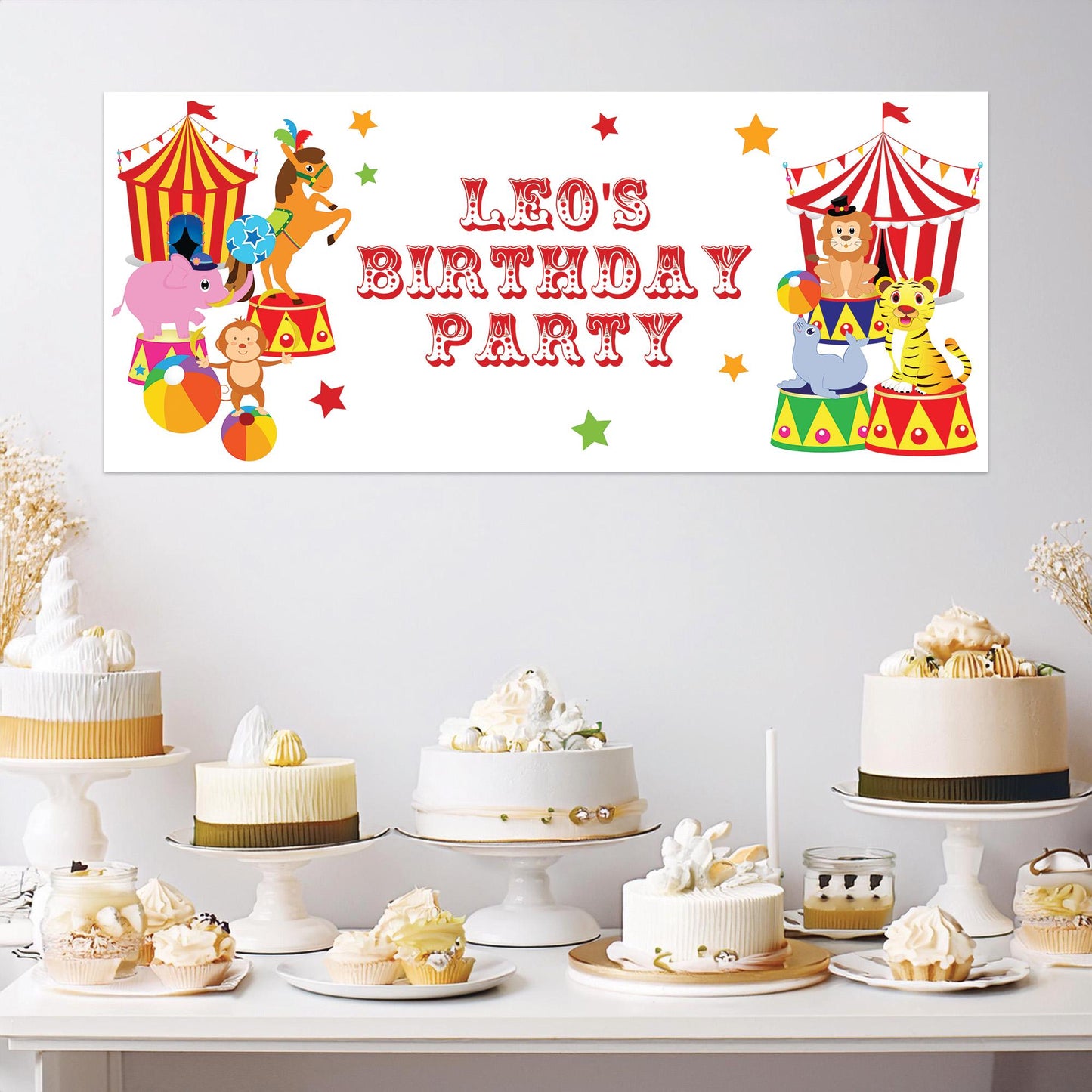 Personalised Circus Birthday Banner – Fun Party Wall Decor in Satin Paper