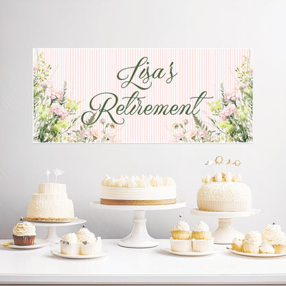 Floral Retirement Party Banner – Personalised Satin Paper Wall Decor