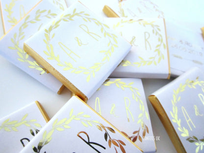 Personalized Wedding Chocolate Favours – Golden Wreath Design, White & Gold Wedding Favours (Pack of 25)