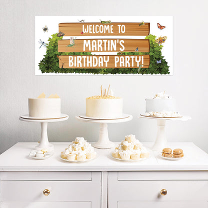 Garden Wildlife Birthday Banner – Personalised Satin Paper Wall Decor for Kids’ Parties