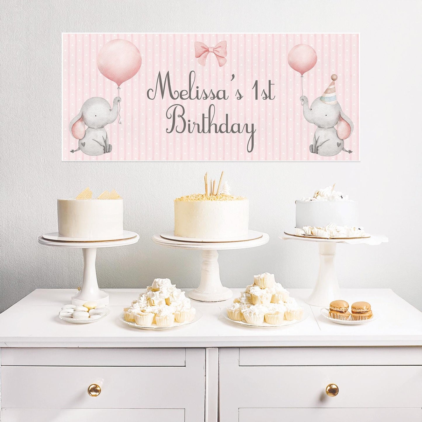 Personalised 1st Birthday Banner Baby Elephant – Satin Paper Wall Decor for Girl's Birthday Party