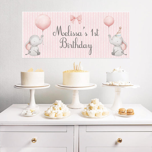 Personalised 1st Birthday Banner Baby Elephant – Satin Paper Wall Decor for Girl's Birthday Party