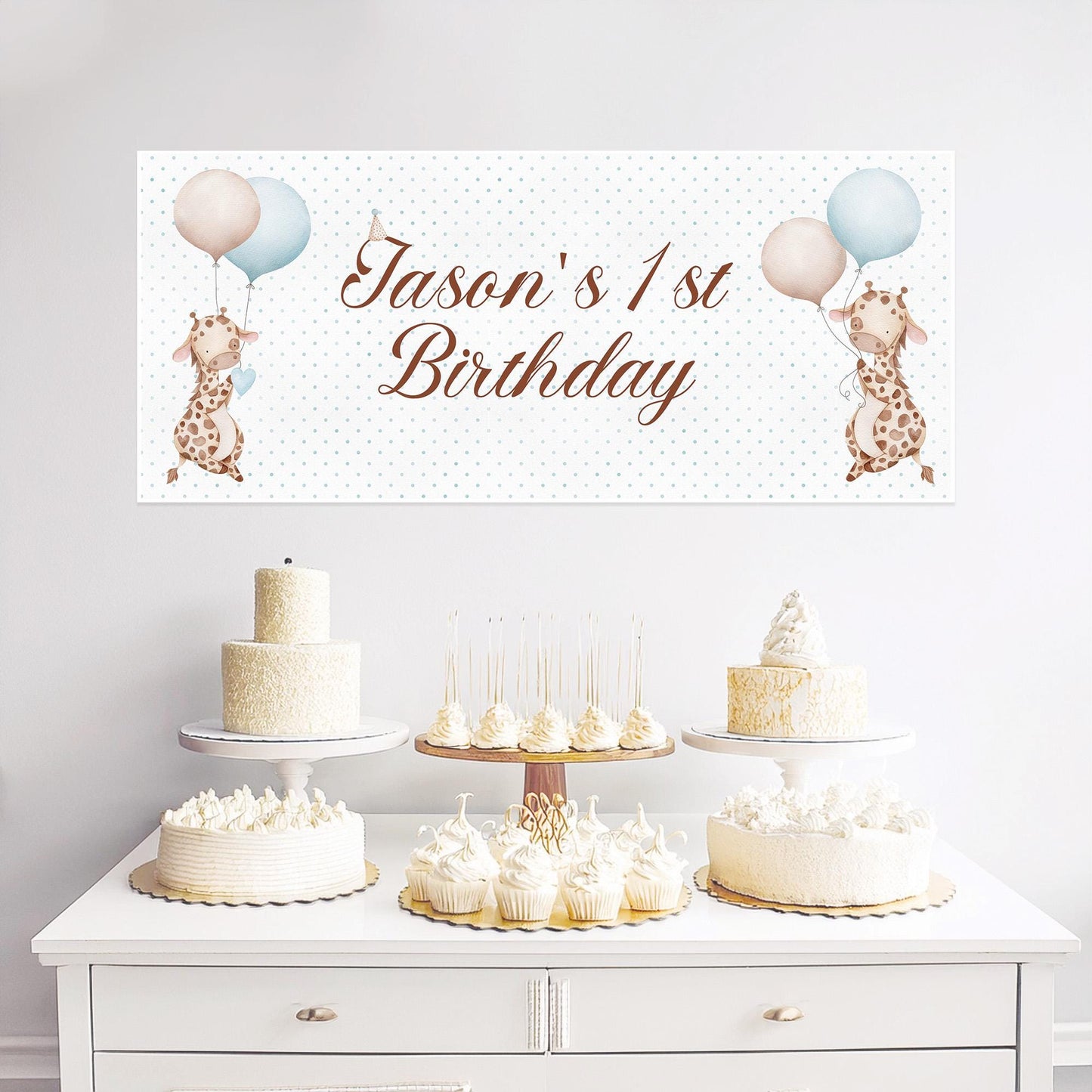 Personalised Baby Giraffe 1st Birthday Banner – Custom Boy’s Party Wall Decor in Satin Paper