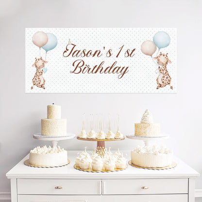 Personalised Baby Giraffe 1st Birthday Banner – Custom Boy’s Party Wall Decor in Satin Paper
